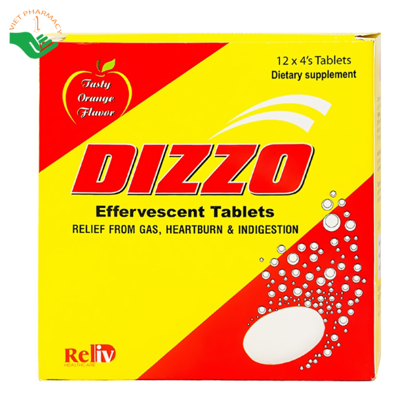 Viên sủi Dizzo Reliv hỗ trợ tiêu hóa, giảm triệu chứng đầy hơi, ợ hơi, khó tiêu (12 vỉ x 4 viên)